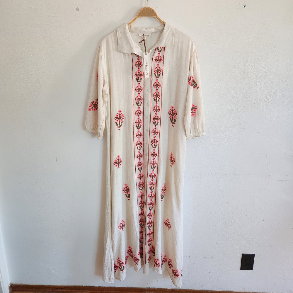 Solitaire Embroidered Cotton Linen Maxi Dress Button Down Three Quarter Sleeve